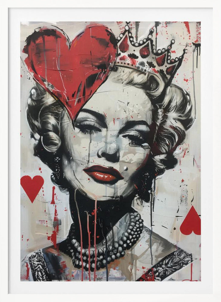 A modern pop art portrait of a glamorous woman, possibly Marilyn Monroe, in a black and white style with bold red accents. She wears a crown, and a large red heart covers one eye. The painting has a street art feel with paint splatters, drips, and stenciled heart suit symbols. Artwork