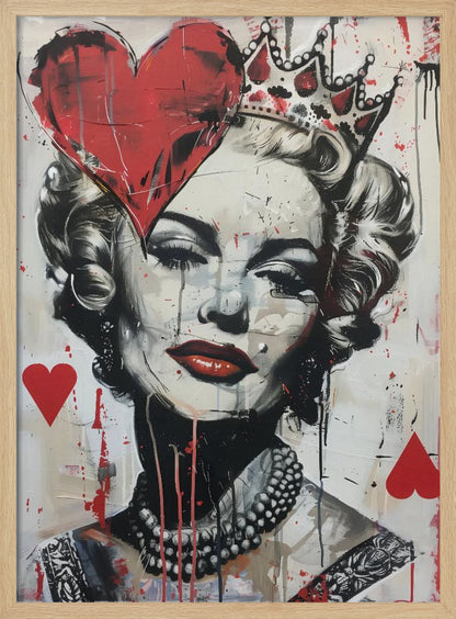 A modern pop art portrait of a glamorous woman, possibly Marilyn Monroe, in a black and white style with bold red accents. She wears a crown, and a large red heart covers one eye. The painting has a street art feel with paint splatters, drips, and stenciled heart suit symbols. Artwork