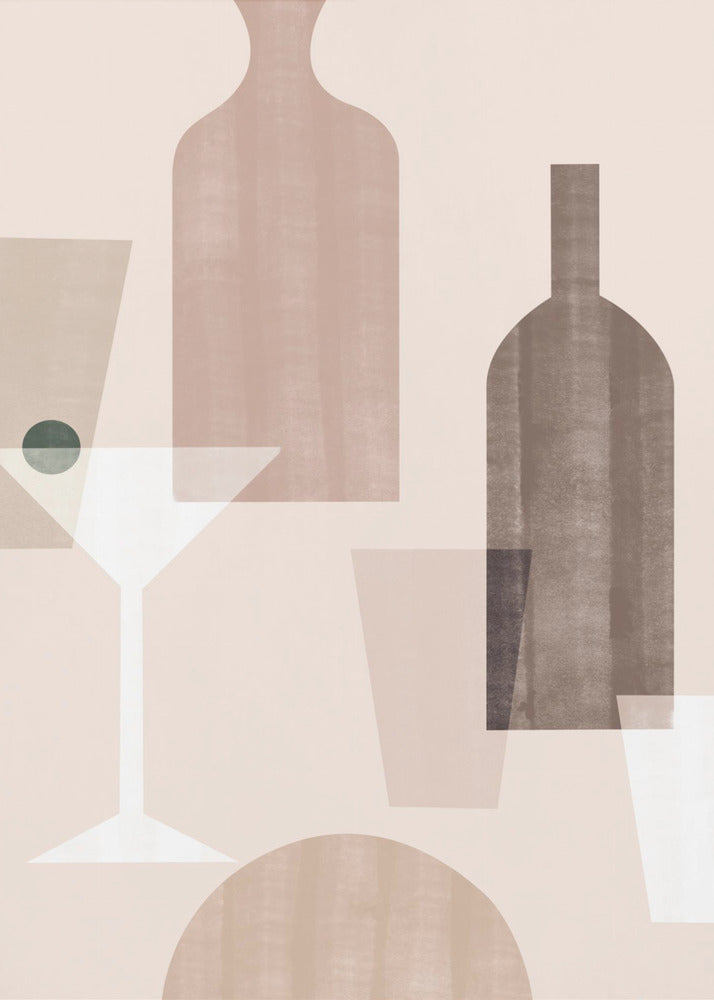 An abstract still life artwork featuring overlapping, translucent shapes of bottles and glasses in a muted palette of brown, beige, and dusty pink. A stylized white martini glass with a dark green olive stands out against the soft-colored background. Poster