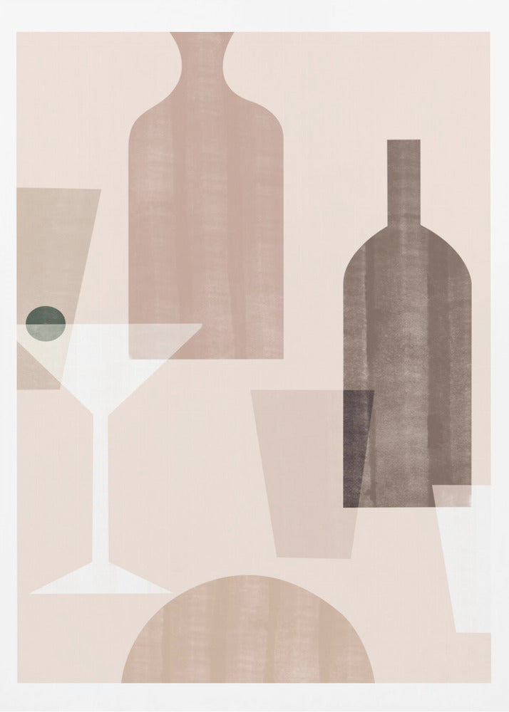 An abstract still life artwork featuring overlapping, translucent shapes of bottles and glasses in a muted palette of brown, beige, and dusty pink. A stylized white martini glass with a dark green olive stands out against the soft-colored background. Poster