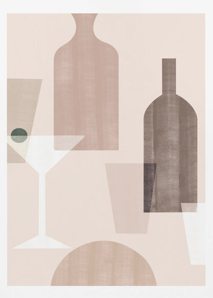 An abstract still life artwork featuring overlapping, translucent shapes of bottles and glasses in a muted palette of brown, beige, and dusty pink. A stylized white martini glass with a dark green olive stands out against the soft-colored background. Poster