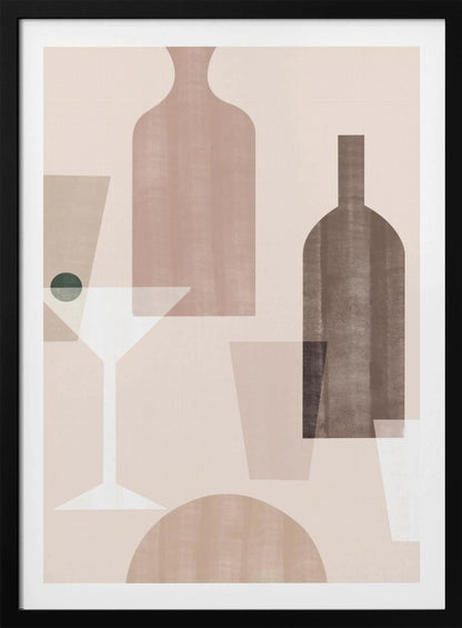 An abstract still life artwork featuring overlapping, translucent shapes of bottles and glasses in a muted palette of brown, beige, and dusty pink. A stylized white martini glass with a dark green olive stands out against the soft-colored background. Poster
