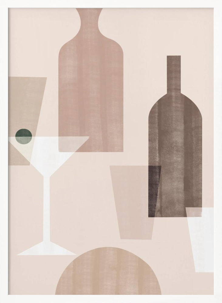 An abstract still life artwork featuring overlapping, translucent shapes of bottles and glasses in a muted palette of brown, beige, and dusty pink. A stylized white martini glass with a dark green olive stands out against the soft-colored background. Poster