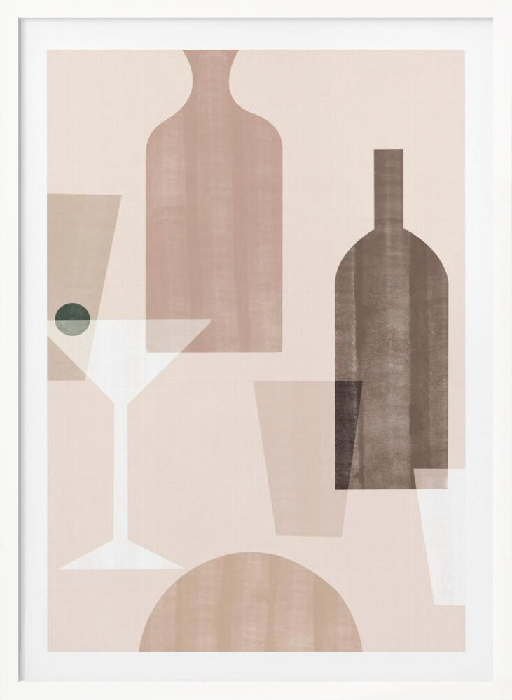 An abstract still life artwork featuring overlapping, translucent shapes of bottles and glasses in a muted palette of brown, beige, and dusty pink. A stylized white martini glass with a dark green olive stands out against the soft-colored background. Poster