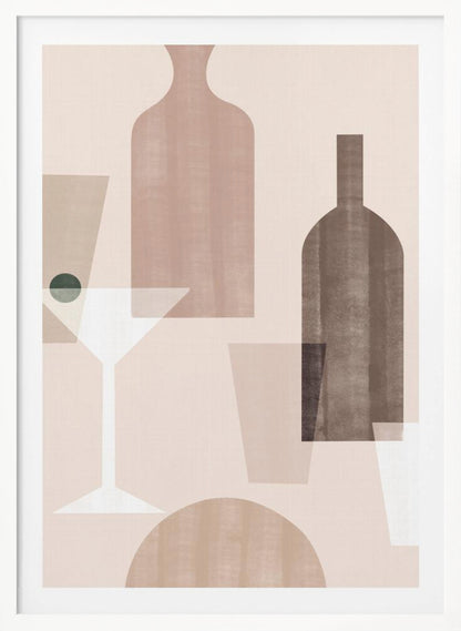 An abstract still life artwork featuring overlapping, translucent shapes of bottles and glasses in a muted palette of brown, beige, and dusty pink. A stylized white martini glass with a dark green olive stands out against the soft-colored background. Poster