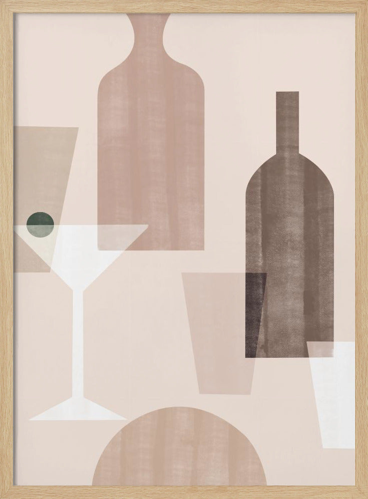 An abstract still life artwork featuring overlapping, translucent shapes of bottles and glasses in a muted palette of brown, beige, and dusty pink. A stylized white martini glass with a dark green olive stands out against the soft-colored background. Poster