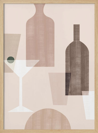 An abstract still life artwork featuring overlapping, translucent shapes of bottles and glasses in a muted palette of brown, beige, and dusty pink. A stylized white martini glass with a dark green olive stands out against the soft-colored background. Poster