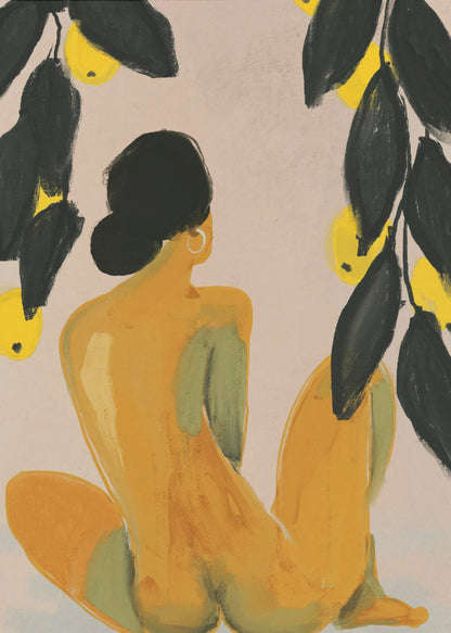 A painterly illustration of a seated nude figure seen from the back, with their body rendered in shades of yellow and green. They have black hair in a bun and a gold hoop earring. Lemon tree branches with dark green leaves and bright yellow lemons frame the top of the composition against a pale beige background. Decor