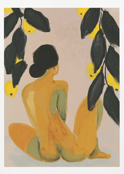 A painterly illustration of a seated nude figure seen from the back, with their body rendered in shades of yellow and green. They have black hair in a bun and a gold hoop earring. Lemon tree branches with dark green leaves and bright yellow lemons frame the top of the composition against a pale beige background. Decor