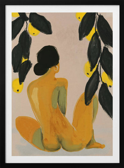 A painterly illustration of a seated nude figure seen from the back, with their body rendered in shades of yellow and green. They have black hair in a bun and a gold hoop earring. Lemon tree branches with dark green leaves and bright yellow lemons frame the top of the composition against a pale beige background. Decor