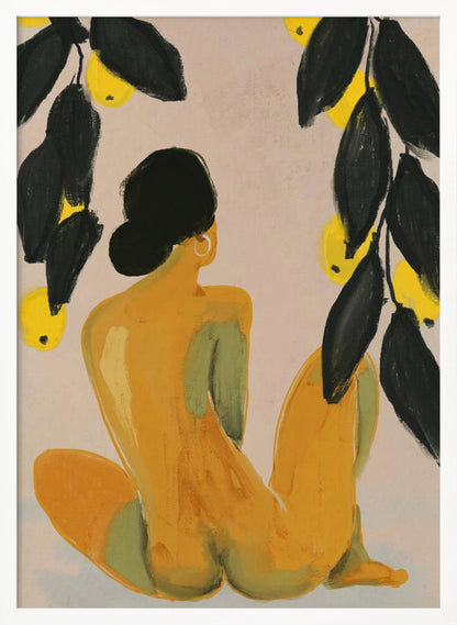 A painterly illustration of a seated nude figure seen from the back, with their body rendered in shades of yellow and green. They have black hair in a bun and a gold hoop earring. Lemon tree branches with dark green leaves and bright yellow lemons frame the top of the composition against a pale beige background. Decor