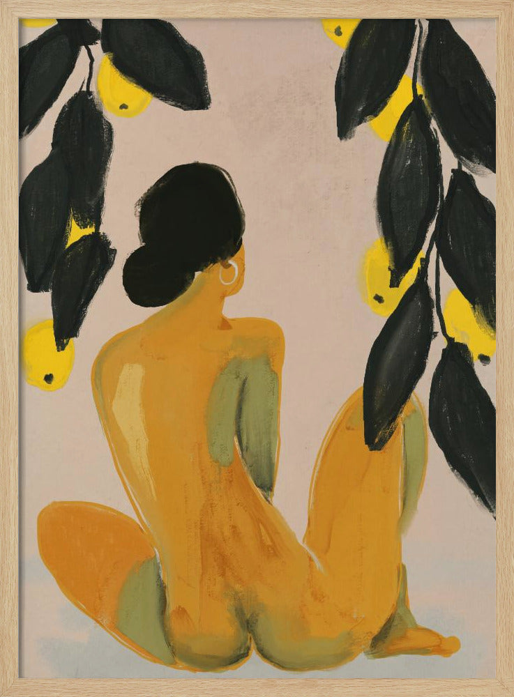 A painterly illustration of a seated nude figure seen from the back, with their body rendered in shades of yellow and green. They have black hair in a bun and a gold hoop earring. Lemon tree branches with dark green leaves and bright yellow lemons frame the top of the composition against a pale beige background. Decor