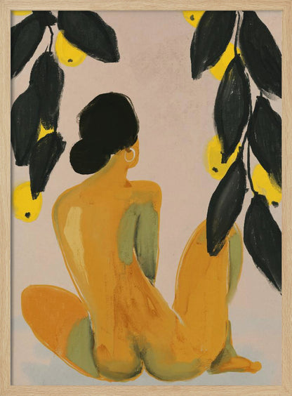 A painterly illustration of a seated nude figure seen from the back, with their body rendered in shades of yellow and green. They have black hair in a bun and a gold hoop earring. Lemon tree branches with dark green leaves and bright yellow lemons frame the top of the composition against a pale beige background. Decor