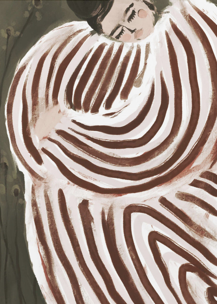 A stylized painting of a person with their eyes closed, resting their head on their shoulder. They are wrapped in a large, voluminous garment with bold, swirling brown and off-white stripes against a dark, muted green background. Decor