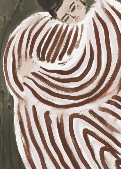 A stylized painting of a person with their eyes closed, resting their head on their shoulder. They are wrapped in a large, voluminous garment with bold, swirling brown and off-white stripes against a dark, muted green background. Decor