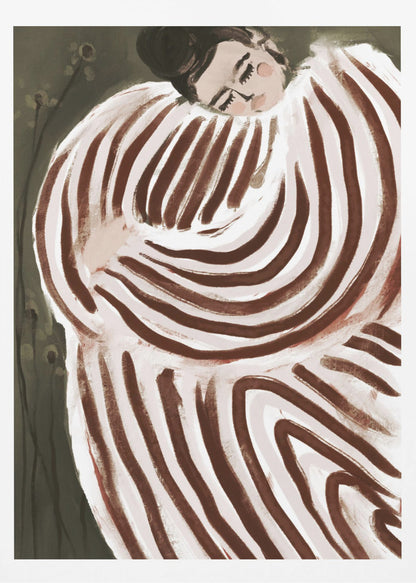 A stylized painting of a person with their eyes closed, resting their head on their shoulder. They are wrapped in a large, voluminous garment with bold, swirling brown and off-white stripes against a dark, muted green background. Decor