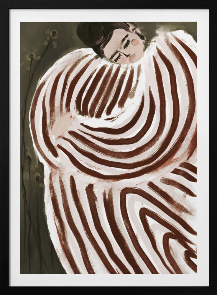 A stylized painting of a person with their eyes closed, resting their head on their shoulder. They are wrapped in a large, voluminous garment with bold, swirling brown and off-white stripes against a dark, muted green background. Decor
