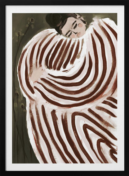 A stylized painting of a person with their eyes closed, resting their head on their shoulder. They are wrapped in a large, voluminous garment with bold, swirling brown and off-white stripes against a dark, muted green background. Decor