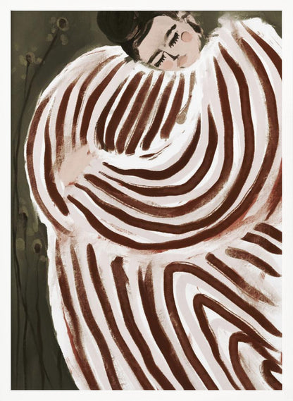 A stylized painting of a person with their eyes closed, resting their head on their shoulder. They are wrapped in a large, voluminous garment with bold, swirling brown and off-white stripes against a dark, muted green background. Decor