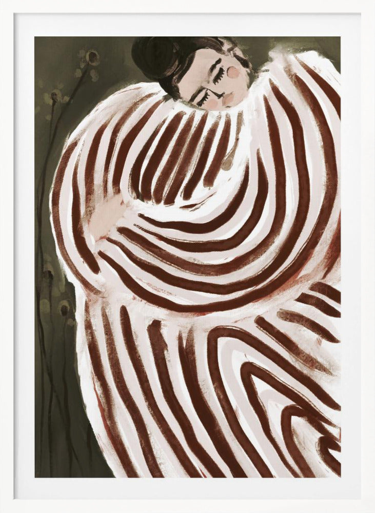 A stylized painting of a person with their eyes closed, resting their head on their shoulder. They are wrapped in a large, voluminous garment with bold, swirling brown and off-white stripes against a dark, muted green background. Decor