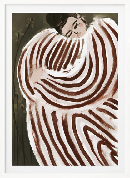 A stylized painting of a person with their eyes closed, resting their head on their shoulder. They are wrapped in a large, voluminous garment with bold, swirling brown and off-white stripes against a dark, muted green background. Decor