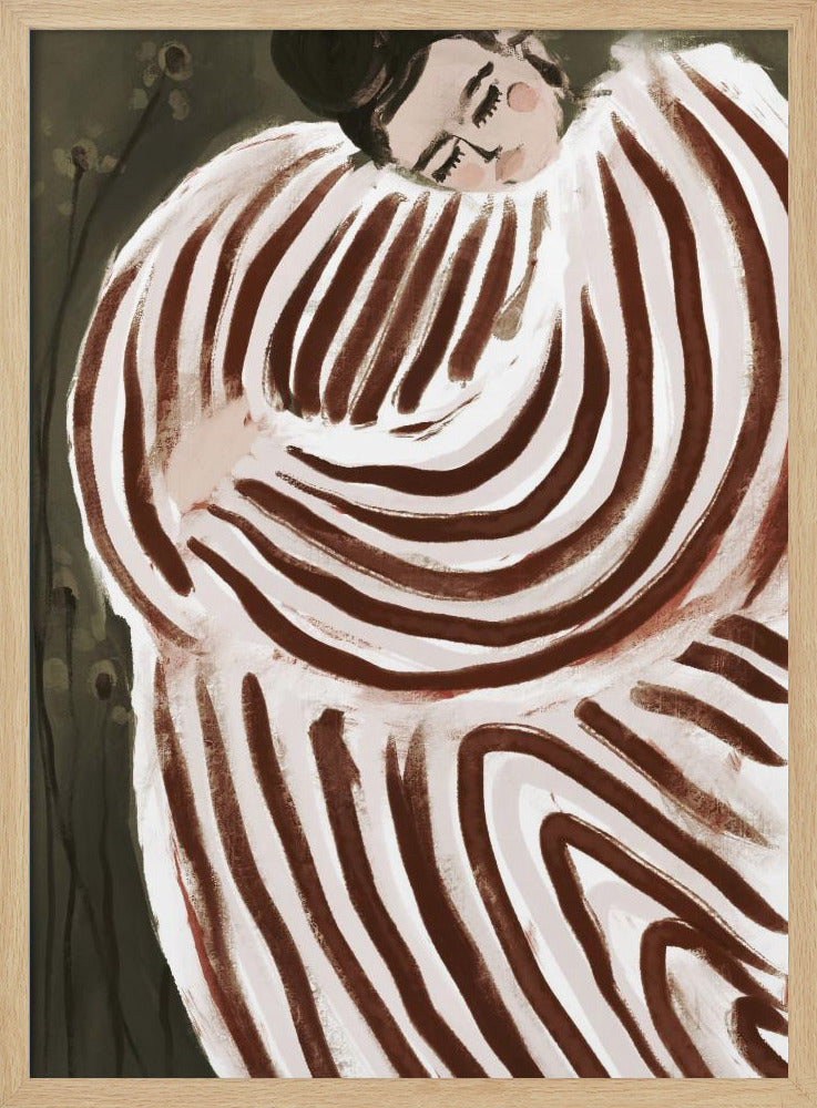 A stylized painting of a person with their eyes closed, resting their head on their shoulder. They are wrapped in a large, voluminous garment with bold, swirling brown and off-white stripes against a dark, muted green background. Decor