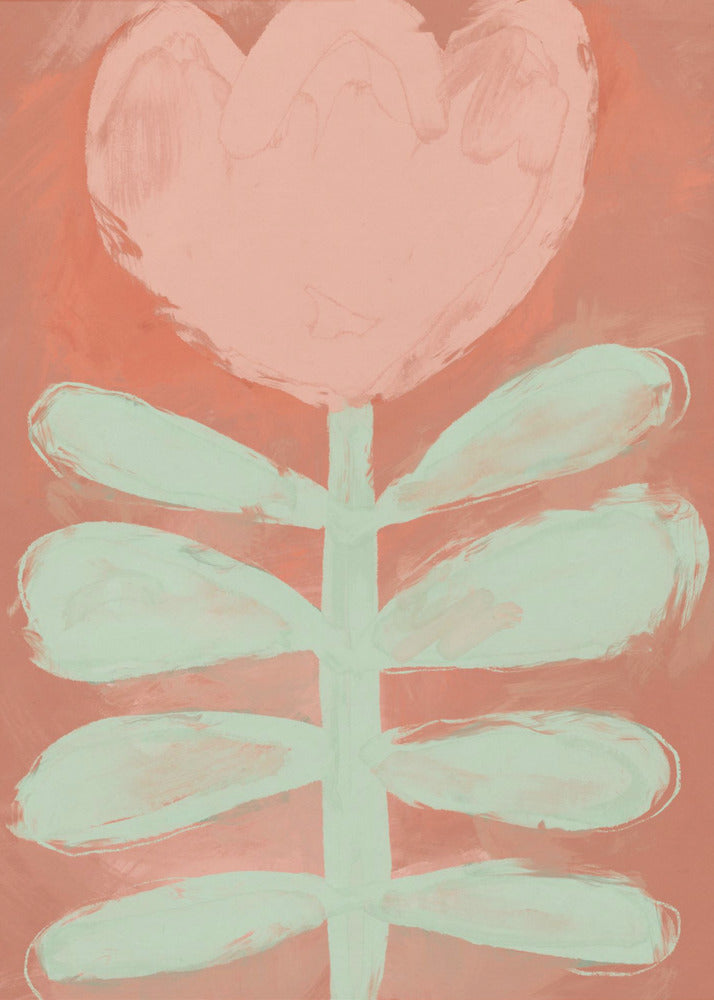 A stylized painting of a single flower with a large, heart-shaped pink blossom and a pale green stem with leaves, set against a textured coral background and framed in black. Poster