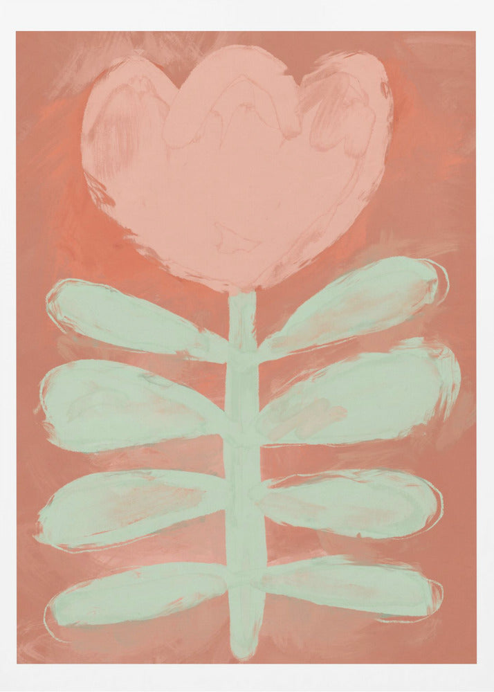 A stylized painting of a single flower with a large, heart-shaped pink blossom and a pale green stem with leaves, set against a textured coral background and framed in black. Poster