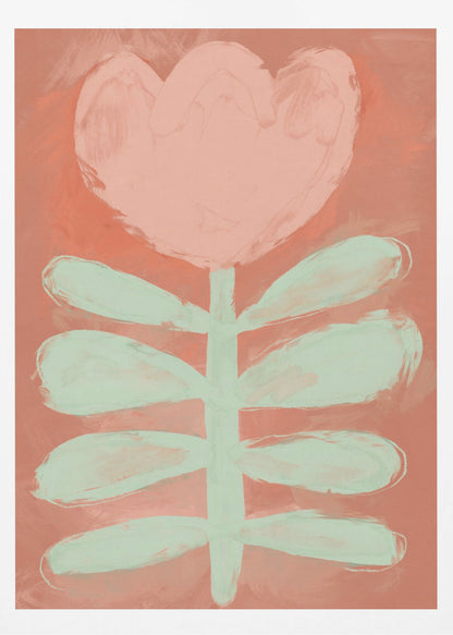 A stylized painting of a single flower with a large, heart-shaped pink blossom and a pale green stem with leaves, set against a textured coral background and framed in black. Poster