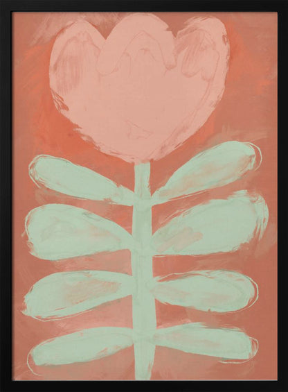 A stylized painting of a single flower with a large, heart-shaped pink blossom and a pale green stem with leaves, set against a textured coral background and framed in black. Poster
