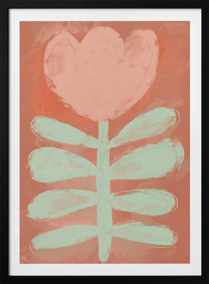 A stylized painting of a single flower with a large, heart-shaped pink blossom and a pale green stem with leaves, set against a textured coral background and framed in black. Poster