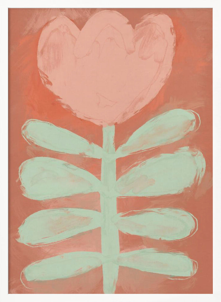 A stylized painting of a single flower with a large, heart-shaped pink blossom and a pale green stem with leaves, set against a textured coral background and framed in black. Poster