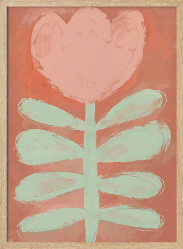 A stylized painting of a single flower with a large, heart-shaped pink blossom and a pale green stem with leaves, set against a textured coral background and framed in black. Poster