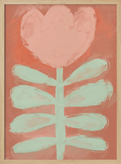A stylized painting of a single flower with a large, heart-shaped pink blossom and a pale green stem with leaves, set against a textured coral background and framed in black. Poster