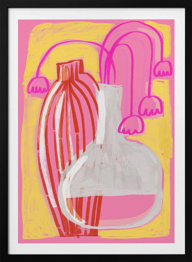A vibrant abstract still life painting featuring two vases against a pink and yellow background. A tall, slender vase has vertical red and white stripes, while next to it sits a clear, round-bottomed flask filled with pink liquid. Stylized, drooping pink bell-shaped flowers on long stems are arranged behind the vases. Print