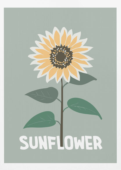 A stylized illustration of a single sunflower against a muted sage green background. The flower has yellow and white petals, a dark brown center, and a thin brown stem with green leaves. At the bottom, the word 'SUNFLOWER' is written in a bold, white, sans-serif font. The artwork is presented within a simple black frame. Decor