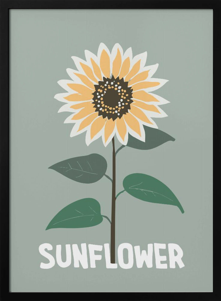A stylized illustration of a single sunflower against a muted sage green background. The flower has yellow and white petals, a dark brown center, and a thin brown stem with green leaves. At the bottom, the word 'SUNFLOWER' is written in a bold, white, sans-serif font. The artwork is presented within a simple black frame. Decor