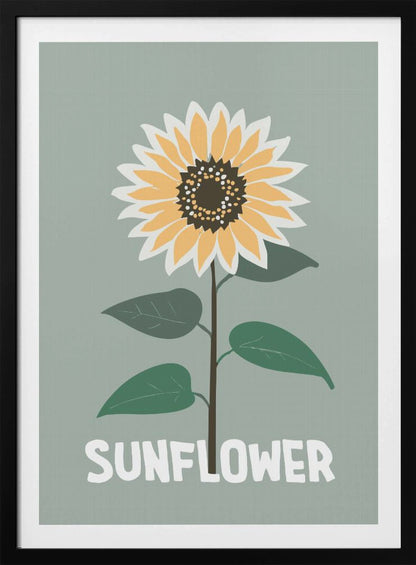 A stylized illustration of a single sunflower against a muted sage green background. The flower has yellow and white petals, a dark brown center, and a thin brown stem with green leaves. At the bottom, the word 'SUNFLOWER' is written in a bold, white, sans-serif font. The artwork is presented within a simple black frame. Decor