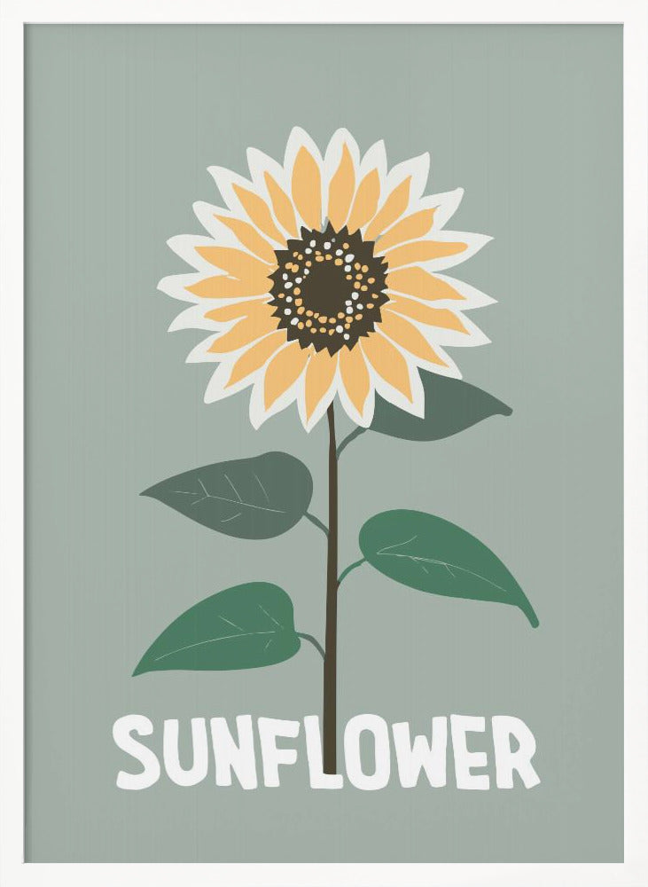 A stylized illustration of a single sunflower against a muted sage green background. The flower has yellow and white petals, a dark brown center, and a thin brown stem with green leaves. At the bottom, the word 'SUNFLOWER' is written in a bold, white, sans-serif font. The artwork is presented within a simple black frame. Decor