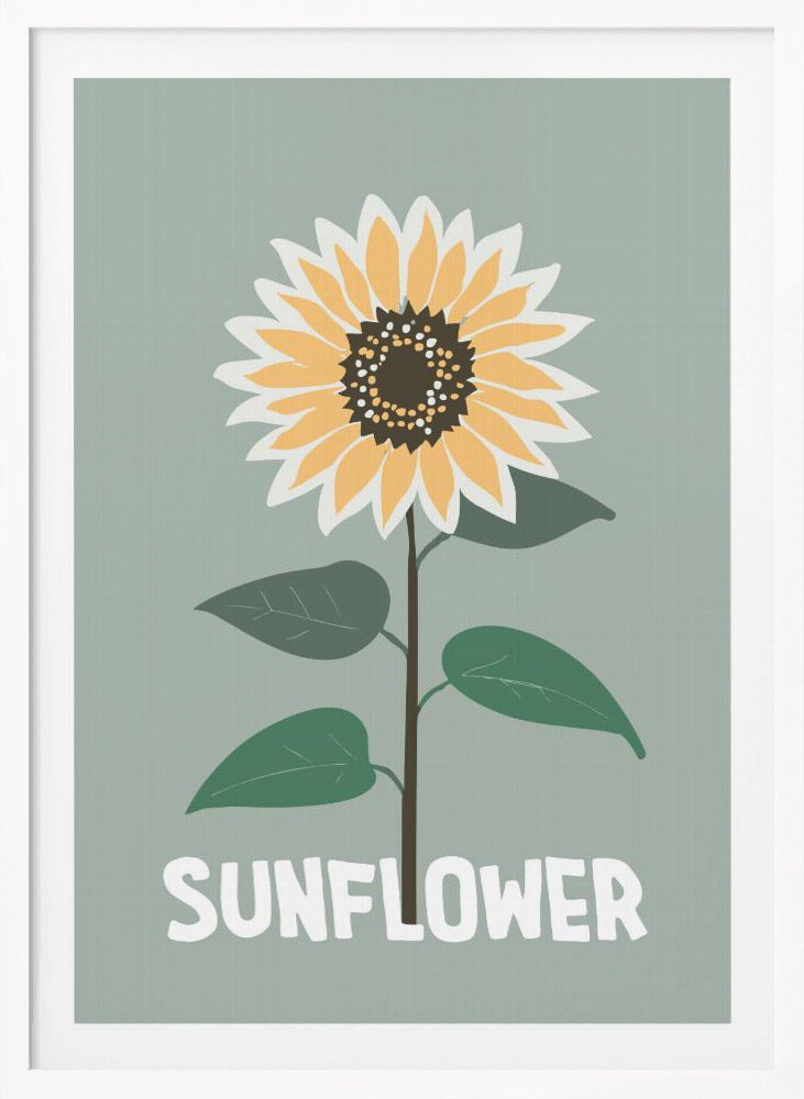 A stylized illustration of a single sunflower against a muted sage green background. The flower has yellow and white petals, a dark brown center, and a thin brown stem with green leaves. At the bottom, the word 'SUNFLOWER' is written in a bold, white, sans-serif font. The artwork is presented within a simple black frame. Decor
