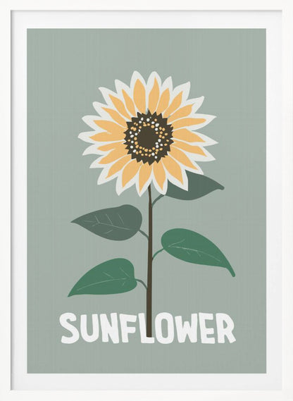A stylized illustration of a single sunflower against a muted sage green background. The flower has yellow and white petals, a dark brown center, and a thin brown stem with green leaves. At the bottom, the word 'SUNFLOWER' is written in a bold, white, sans-serif font. The artwork is presented within a simple black frame. Decor