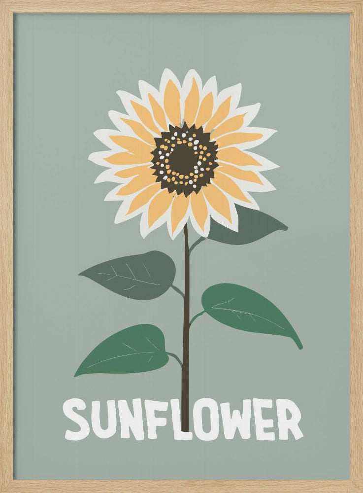 A stylized illustration of a single sunflower against a muted sage green background. The flower has yellow and white petals, a dark brown center, and a thin brown stem with green leaves. At the bottom, the word 'SUNFLOWER' is written in a bold, white, sans-serif font. The artwork is presented within a simple black frame. Decor