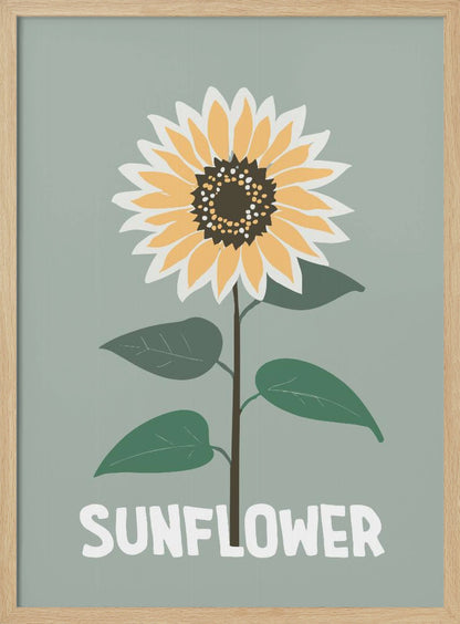 A stylized illustration of a single sunflower against a muted sage green background. The flower has yellow and white petals, a dark brown center, and a thin brown stem with green leaves. At the bottom, the word 'SUNFLOWER' is written in a bold, white, sans-serif font. The artwork is presented within a simple black frame. Decor