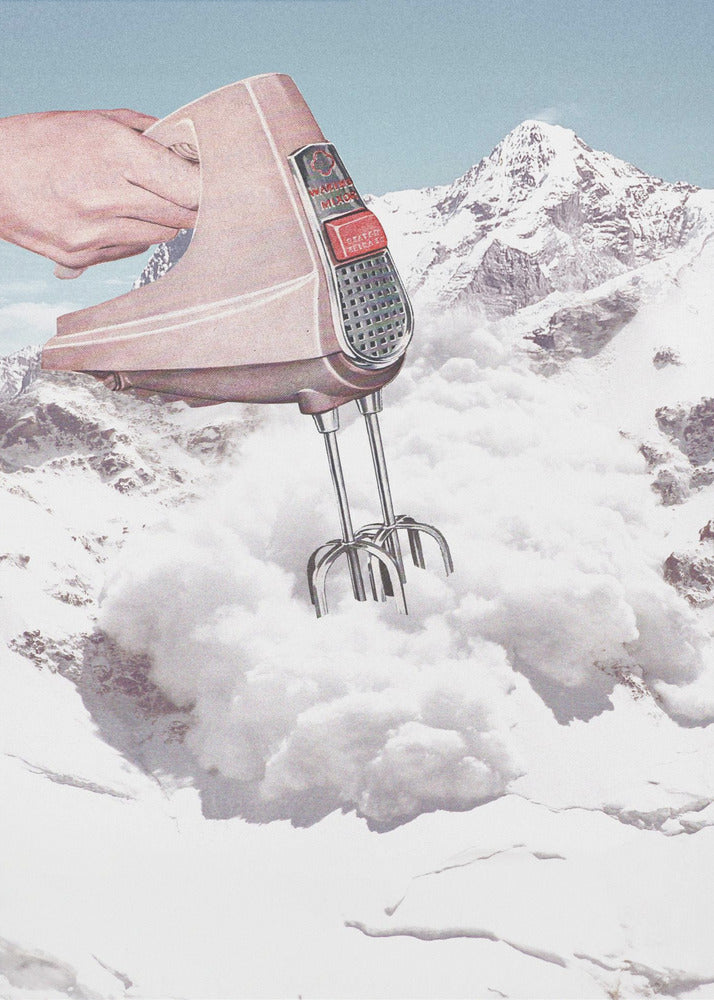 A surreal collage featuring a hand holding a vintage pink electric mixer, with its beaters plunged into a fluffy white cloud, set against a backdrop of snow-covered mountains. Poster