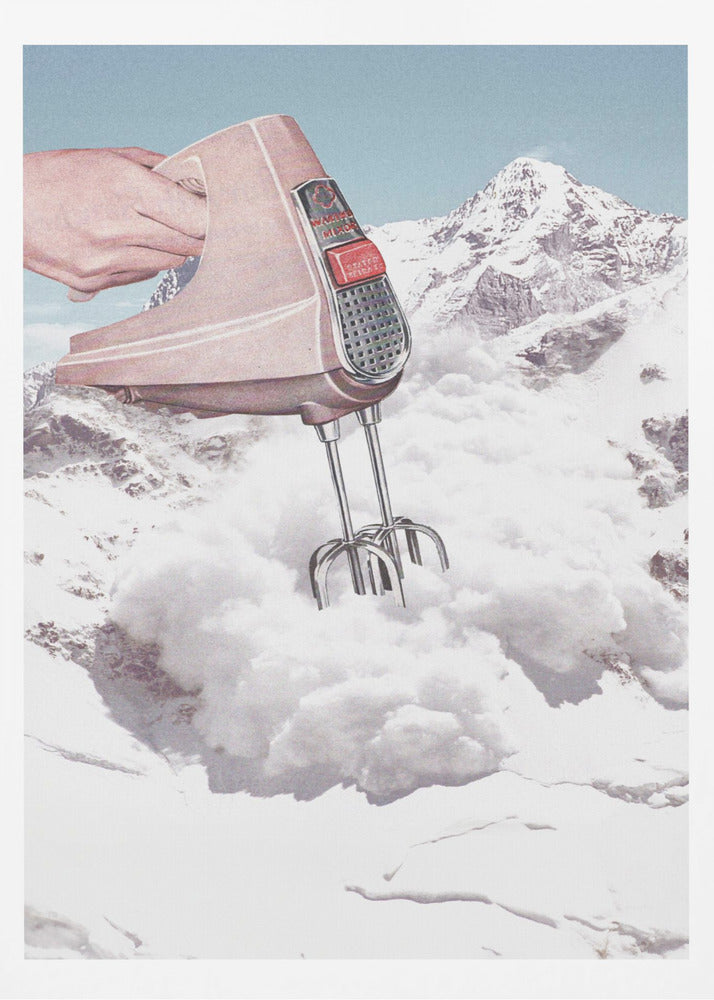 A surreal collage featuring a hand holding a vintage pink electric mixer, with its beaters plunged into a fluffy white cloud, set against a backdrop of snow-covered mountains. Poster