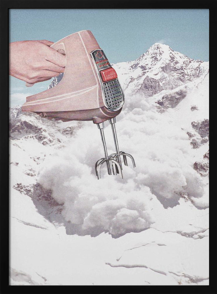 A surreal collage featuring a hand holding a vintage pink electric mixer, with its beaters plunged into a fluffy white cloud, set against a backdrop of snow-covered mountains. Poster