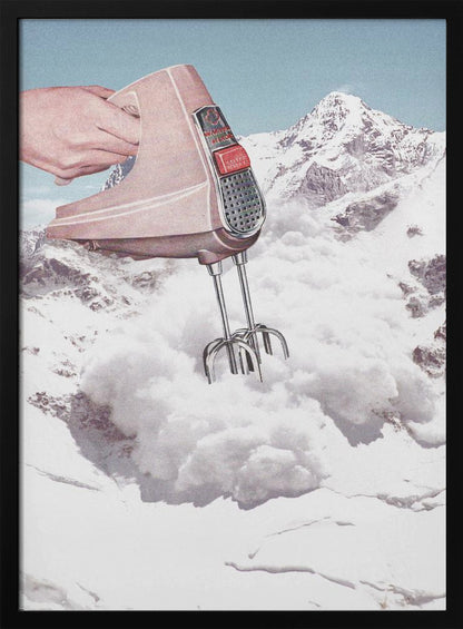 A surreal collage featuring a hand holding a vintage pink electric mixer, with its beaters plunged into a fluffy white cloud, set against a backdrop of snow-covered mountains. Poster
