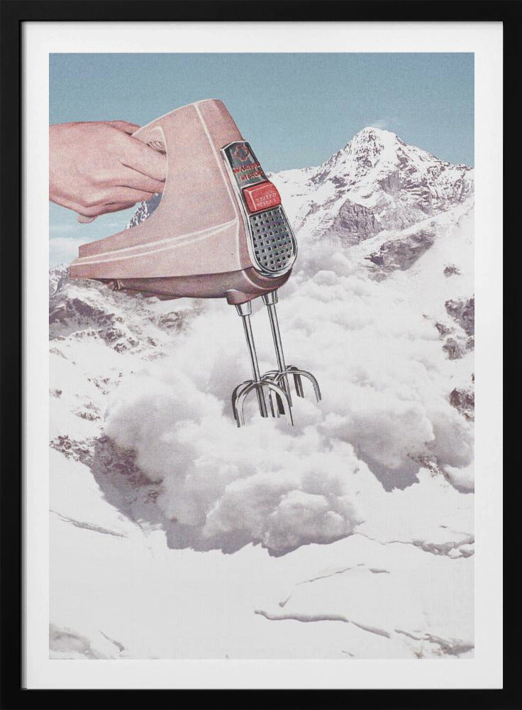 A surreal collage featuring a hand holding a vintage pink electric mixer, with its beaters plunged into a fluffy white cloud, set against a backdrop of snow-covered mountains. Poster