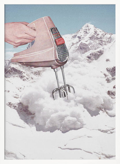 A surreal collage featuring a hand holding a vintage pink electric mixer, with its beaters plunged into a fluffy white cloud, set against a backdrop of snow-covered mountains. Poster