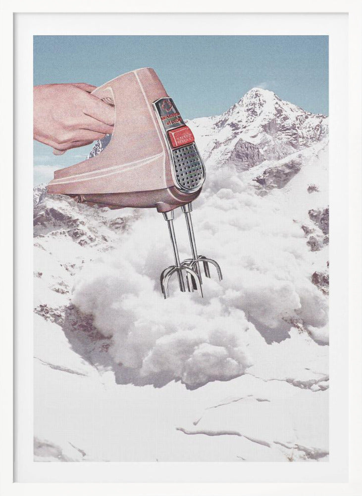 A surreal collage featuring a hand holding a vintage pink electric mixer, with its beaters plunged into a fluffy white cloud, set against a backdrop of snow-covered mountains. Poster